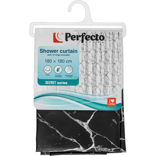 Шторка для ванной PERFECTO LINEA Secret 180x180cм 12 колец, черный мрамор