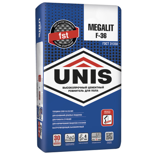 Пол наливной UNIS MEGALIT F-36 ровнитель для пола цементный высокопрочный 25 кг