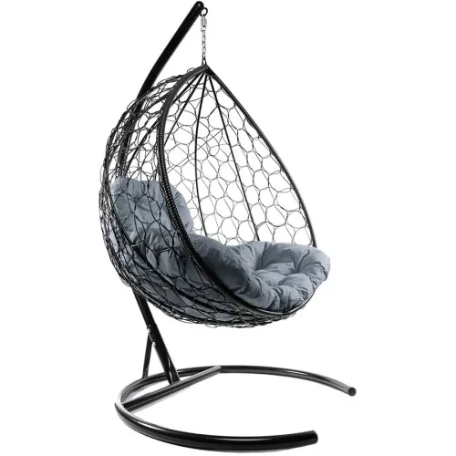 Кресло подвесное с ротангом XL черное с серой подушкой