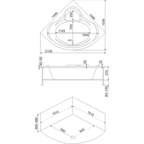 Ванна акриловая BAS Modena 150х150см на раме
