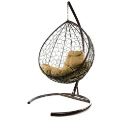 Кресло подвесное с ротангом Капля коричневое с бежевой подушкой
