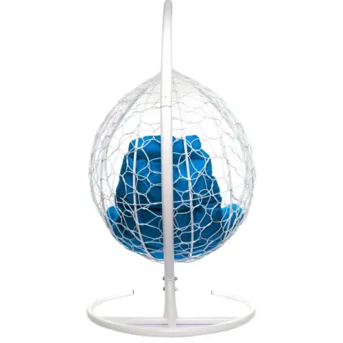 Кресло подвесное с ротангом Капля белое с синей подушкой