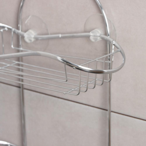 Полка для ванной комнаты 2-х ярусная на присоске Доляна «Волна», 25х11х45 см, 2 крючка, цвет хром