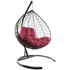 Кресло подвесное с ротангом XL коричневое с бордовой подушкой