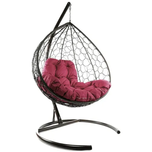 Кресло подвесное с ротангом XL коричневое с бордовой подушкой