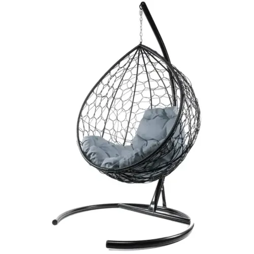Кресло подвесное с ротангом Капля черное с пепельной подушкой