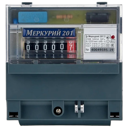 Счетчик э/э 1-фаз., 5 - 60А к.т 1.0, 1-тар. электр. на din-рейку МЕРКУРИЙ 201.5 (67141)