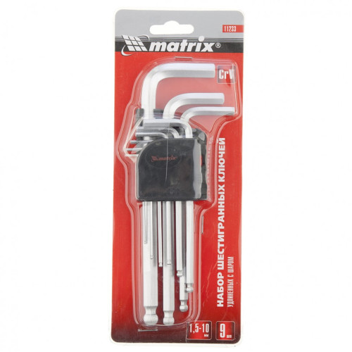Набор ключей шестигранных MATRIX HEX 9шт удлиненные, сатин., с шаром (1,5–10 мм) (11233)