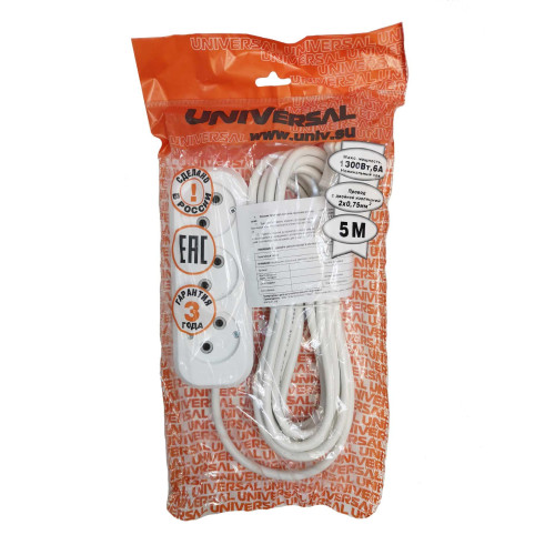 Удлинитель 3-мест. 5м 2P бел. 6А (ПВС 2х0,75) UNIVersal (240790)