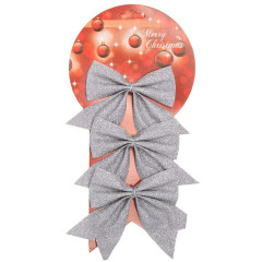 Бант новогодний на ёлку 10х11см, 3 шт, серебро, текстиль, SYHDJ-341957B