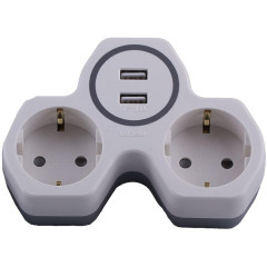Разветвитель сетевой (двойной + 2USB) 16А 250B, USB 2.4A STEKKER белый/серый 1/6/60