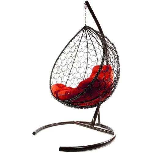 Кресло подвесное с ротангом Капля коричневое с красной подушкой