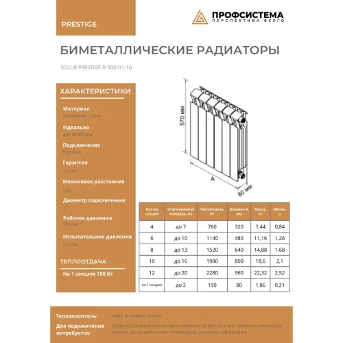 Радиатор биметаллический SOLUR PRESTIGE 500/80 4 сек. (760 Вт)