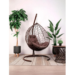 Кресло подвесное с ротангом Капля коричневое с какао подушкой