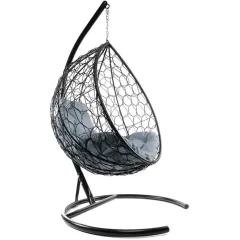 Кресло подвесное с ротангом Капля черное с пепельной подушкой