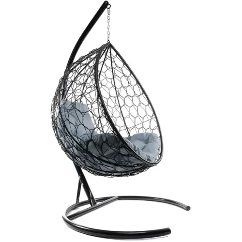 Кресло подвесное с ротангом Капля черное с пепельной подушкой