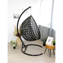 Кресло подвесное с ротангом Капля ЛЮКС черное с серой подушкой