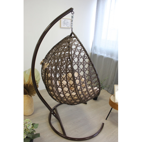 Кресло подвесное с ротангом Капля ЛЮКС коричневое с коричневой подушкой