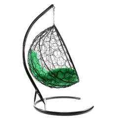 Кресло подвесное с ротангом Капля черное с зеленой подушкой