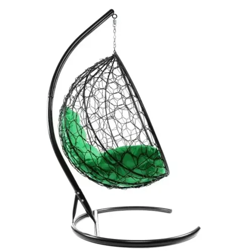 Кресло подвесное с ротангом Капля черное с зеленой подушкой