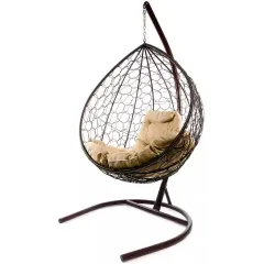 Кресло подвесное с ротангом Капля коричневое с подушкой лён