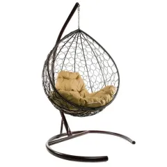 Кресло подвесное с ротангом Капля коричневое с бежевой подушкой