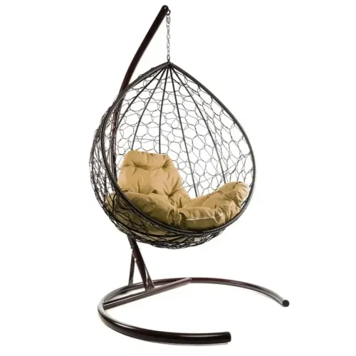 Кресло подвесное с ротангом Капля коричневое с бежевой подушкой