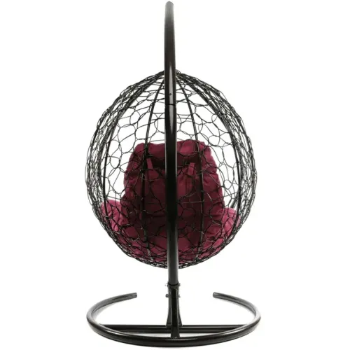 Кресло подвесное с ротангом Капля коричневое с бордовой подушкой