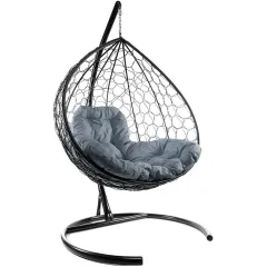 Кресло подвесное с ротангом XL черное с серой подушкой