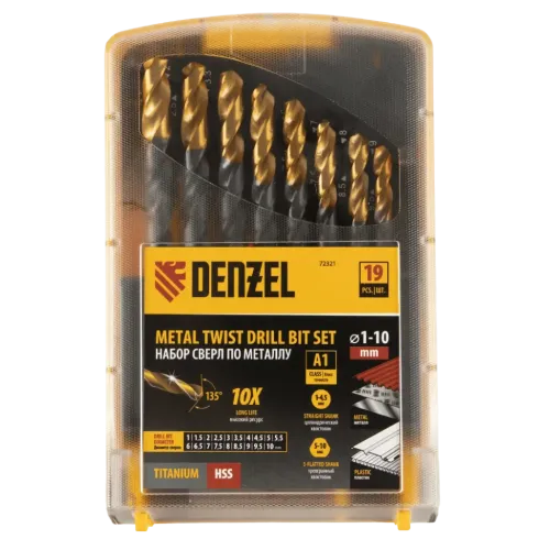 Набор сверл по металлу Denzel 1-10 мм HSS-Tin 19 шт (72321)