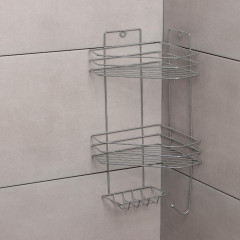 Полка для ванной комнаты угловая с мыльницей и вешалкой 2-х ярусная, 25,5х42,5 см, цвет хром