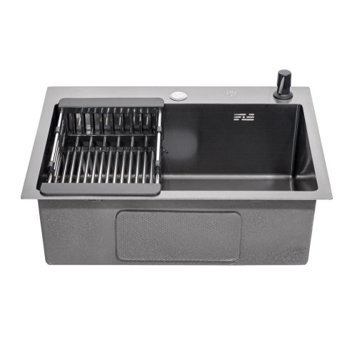 Мойка нерж. врезная РМС, MR-5843BL, 580х430 мм, цвет вороненая сталь, дозатор, корзина, сифон