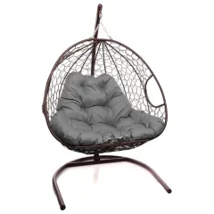Кресло подвесное с ротангом ДЛЯ ДВОИХ коричневое с серой подушкой