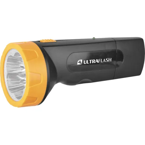 Фонарь ULTRAFLASH LED 3827 (LED* 5) ПЛАСТИК. черн.-желт. со встр. вилкой, аккум.: заряд. от сети (656023)