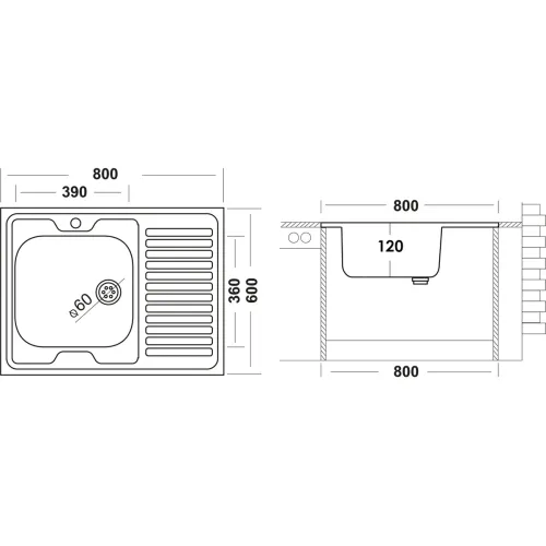 Мойка нерж. накладная UKINOX 60х80 тол. 0,5мм, правая ECO800.600R (479609)