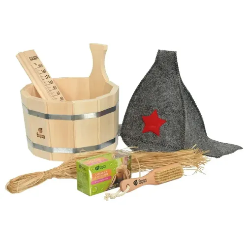 Набор подарочный 6 предметов (Ушат 5л щётка с пемзой, мочало лыковое, запарка, термометр, шапка Будёновка)