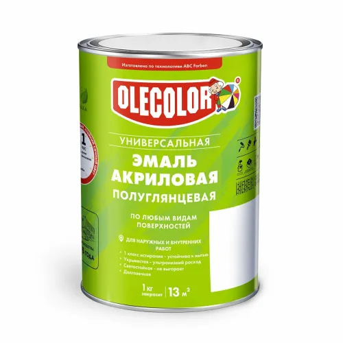 Эмаль OLECOLOR акриловая полуглянцевая белая 0,9 кг (метал.тара)