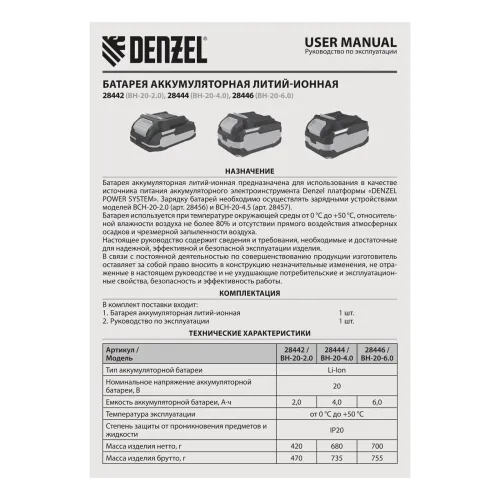 Аккумулятор д/дрели DENZEL BH-20-2.0, Li-Ion, 20 В, 2,0 Ач (28442)