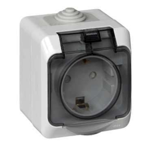 Розетка О/У 2P+Е ЭТЮД IP44 серый шторки, крышка PA16-044C