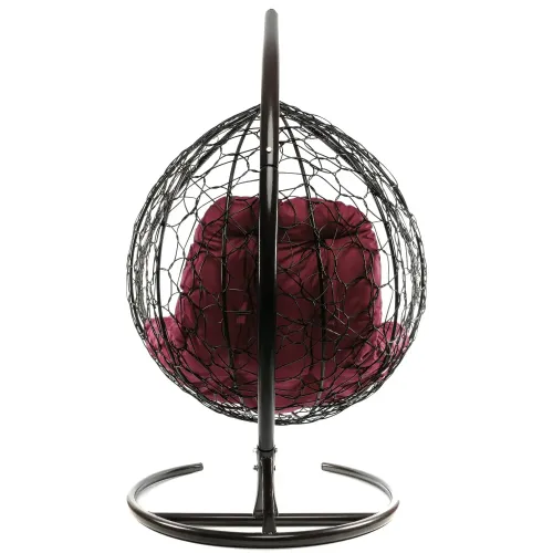 Кресло подвесное с ротангом XL коричневое с бордовой подушкой