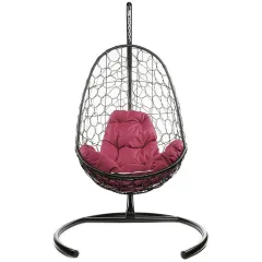 Кресло подвесное с ротангом ОВАЛ коричневое с бордовой подушкой