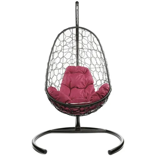 Кресло подвесное с ротангом ОВАЛ коричневое с бордовой подушкой