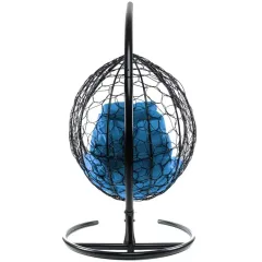 Кресло подвесное с ротангом Капля черное с голубой подушкой