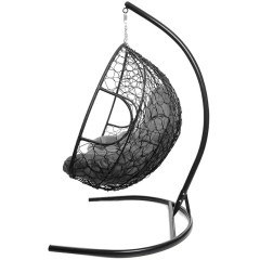 Кресло подвесное с ротангом ДЛЯ ДВОИХ черное с серой подушкой