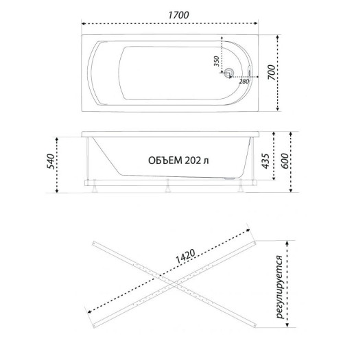 Ванна акриловая 1ACREAL Дюна 170х70см на раме