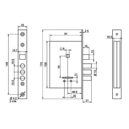 Замок врезной б/руч. BORDER 74100 ЗВ9-8/13 (КЦП-81).СП1.Ш.У1 (09635)