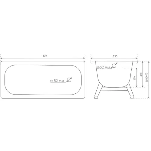Ванна стальная TEVRO 160х70x40см с ножками, толщина 2,7 мм T-62902