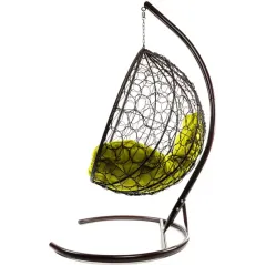 Кресло подвесное с ротангом Капля коричневое с желтой подушкой