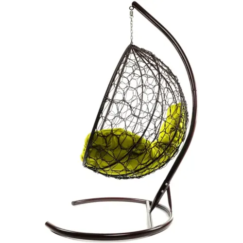 Кресло подвесное с ротангом Капля коричневое с желтой подушкой