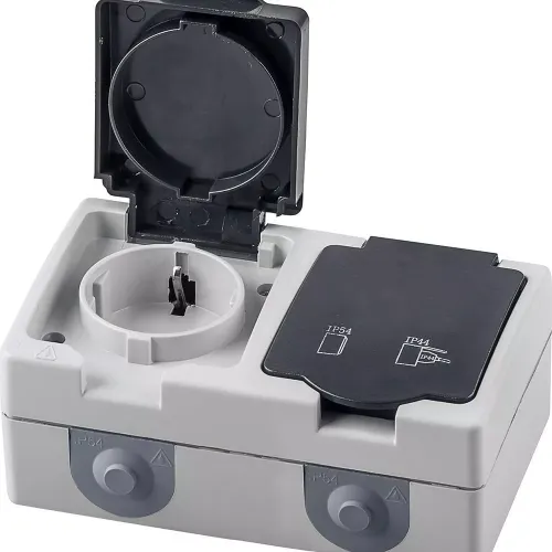 Розетка О/У 2-ая 2P+Е STEKKER 16А IP54 серый/графит PST16-12-54